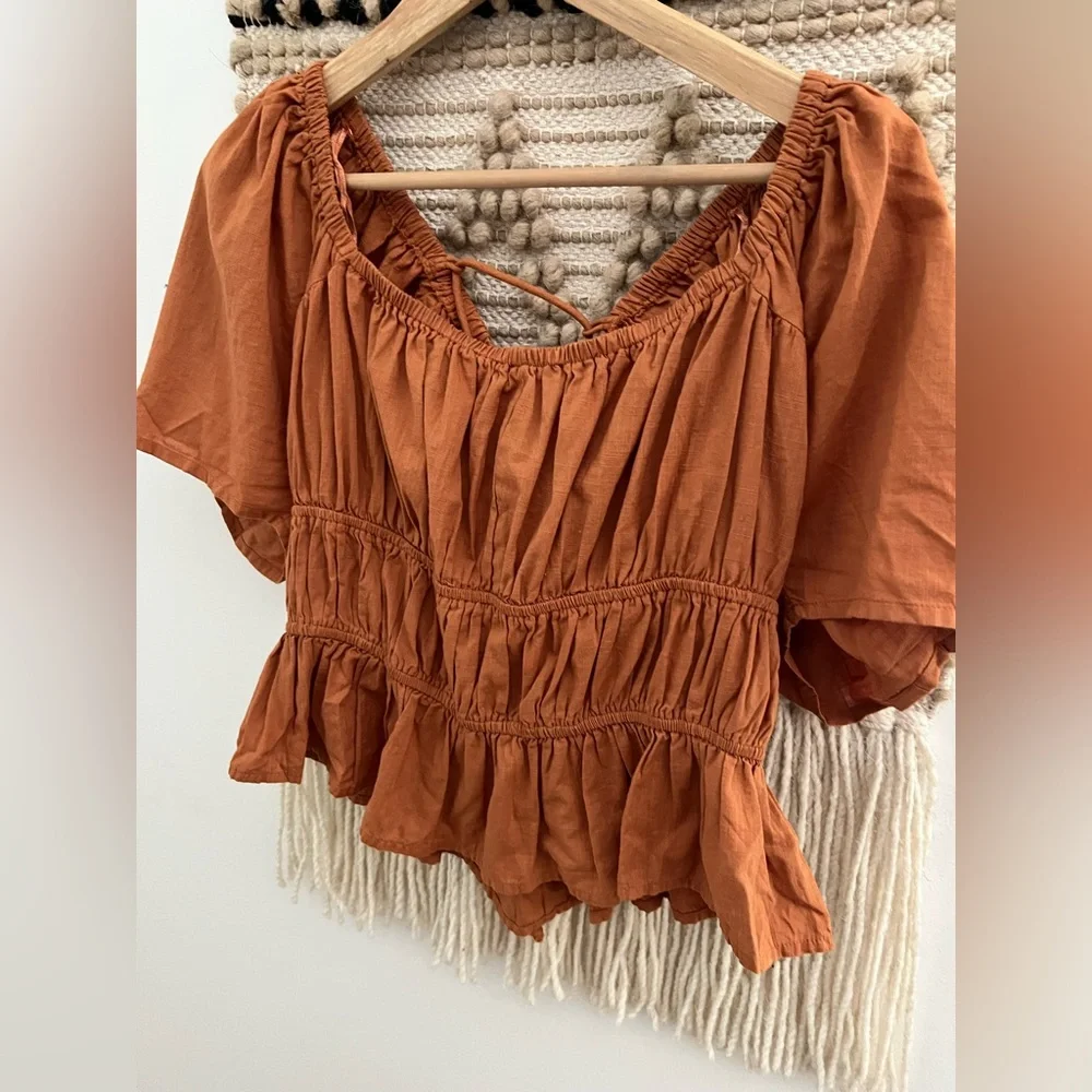 Free People Rust Puff Sleeve Blouse
